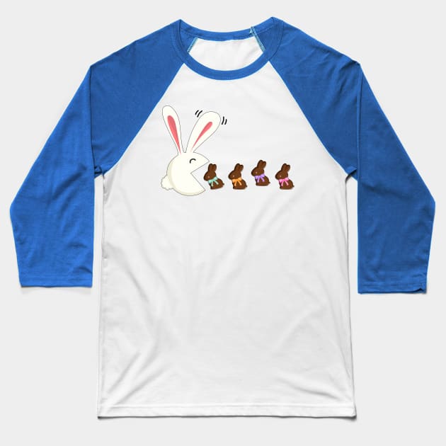 Funny Easter Rabbit Eating Chocolate Easter Bunnies Baseball T-Shirt by Dibble Dabble Designs